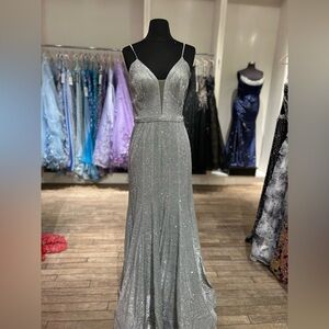 Silver Sparkle Spaghetti-Strap Evening Gown